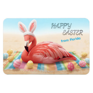 Happy Easter from Florida Flamingo Bunny on Beach Magnet