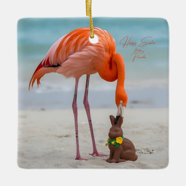 Happy Easter from Florida Flamingo on Beach Ceramic Ornament (Front)