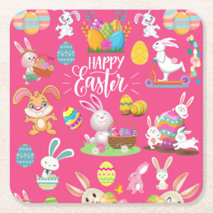 Happy Easter ,Funny Bunny Wishes And Colorful Square Paper Coaster