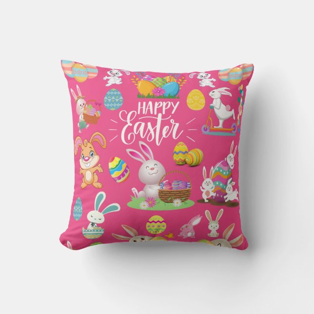 Happy Easter ,Funny Bunny Wishes And Colourful Egg Cushion (Front)