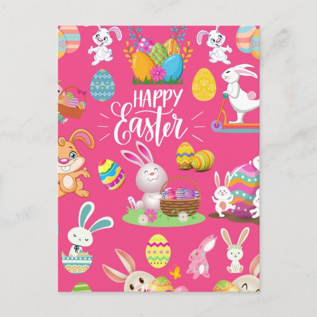 Happy Easter ,Funny Bunny Wishes And Colourful  Postcard (Front)