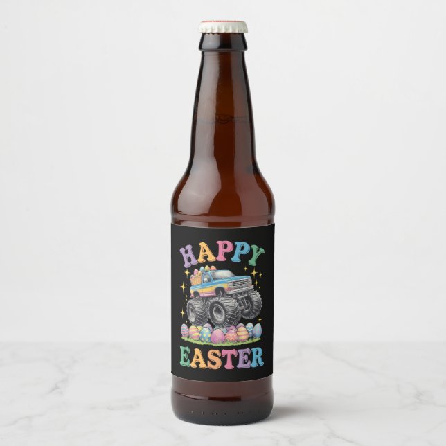 Happy Easter Funny Monster Truck Crush Eggs Beer Bottle Label (Front)