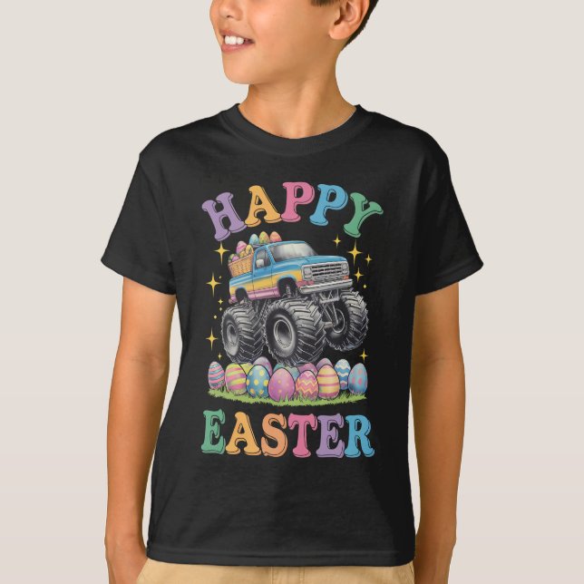 Happy Easter Funny Monster Truck Crush Eggs T-Shirt (Front)