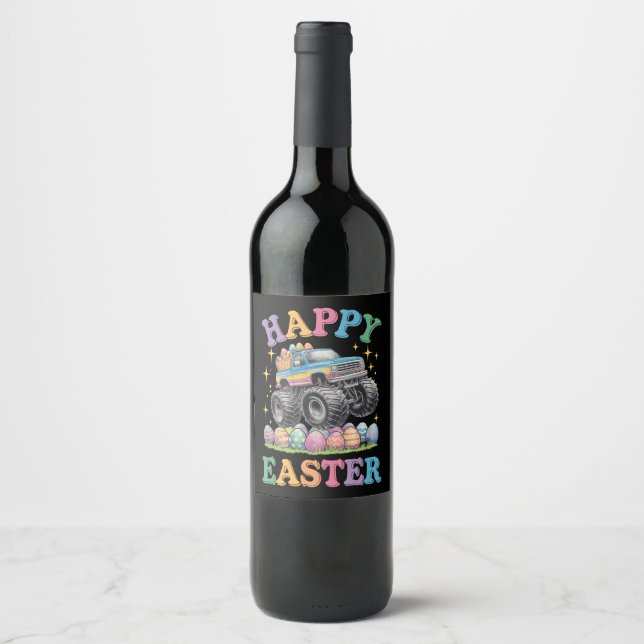 Happy Easter Funny Monster Truck Crush Eggs Wine Label (Front)