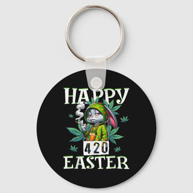 Happy Easter Funny Smoking Easter Bunny Men Women  Key Ring (Front)