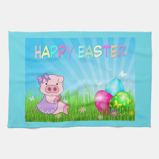 Happy Easter Girl Piggy Tea Towel (Horizontal)