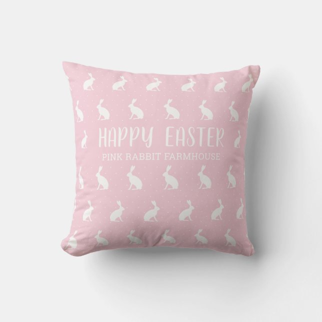 Happy Easter. Girly Pink Rabbit Farmhouse Pattern. Cushion (Front)