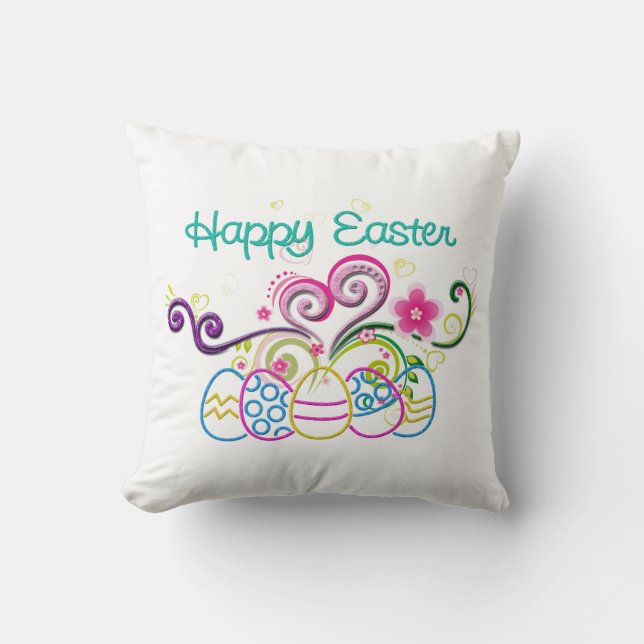 Happy Easter Glitter Eggs & Floral Cushion (Front)
