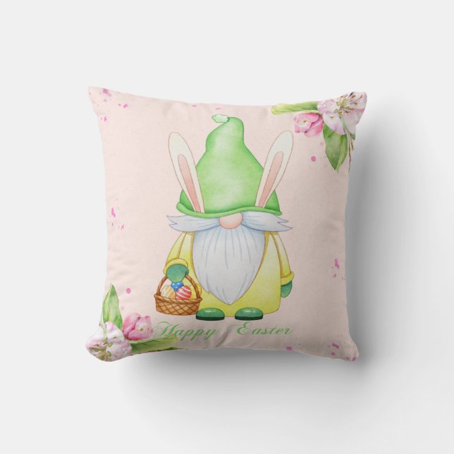 Happy Easter Gnome Cherry Blossom Watercolor  Cushion (Front)