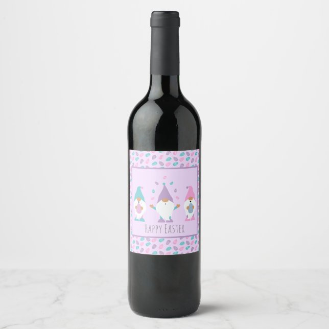 Happy Easter Gnome Juggling Easter Eggs Wine Label (Front)