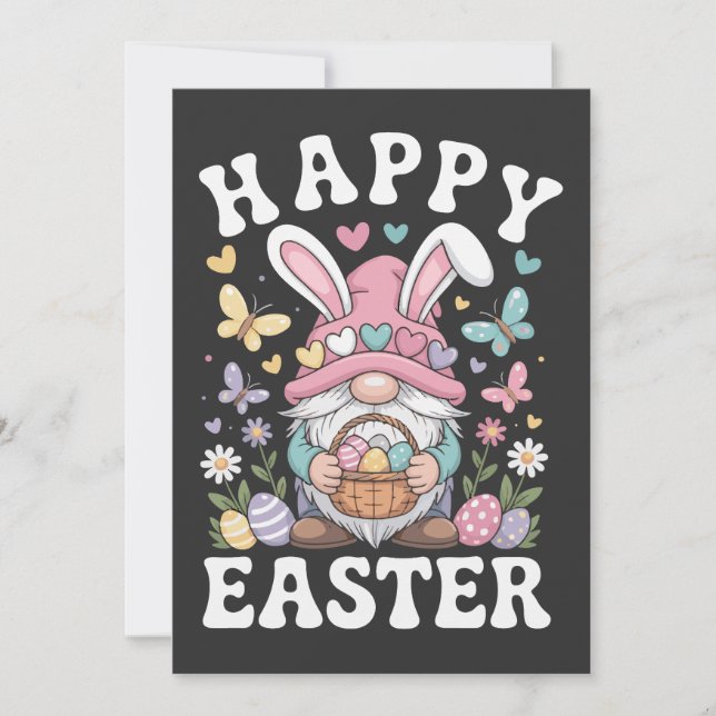 Happy Easter Gnome With Bunny Ears Colourful Eggs  Card (Front)