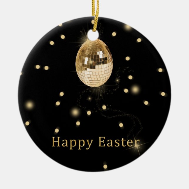 Happy Easter Gold Disco Ball Ceramic Tree Decoration (Front)