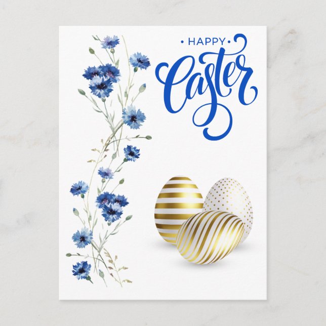 Happy Easter Gold Eggs Cornflowers Postcard (Front)