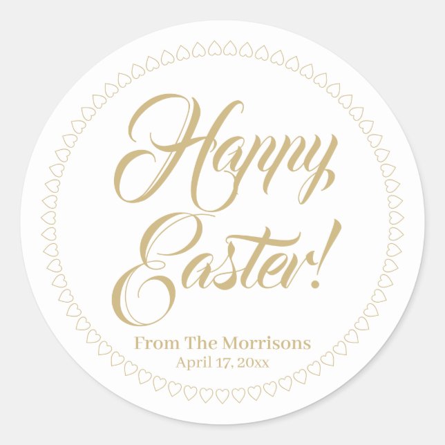 Happy Easter gold hearts border custom script cute Classic Round Sticker (Front)