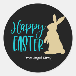 Happy Easter Golden Rabbit silhouette, Black Classic Round Sticker