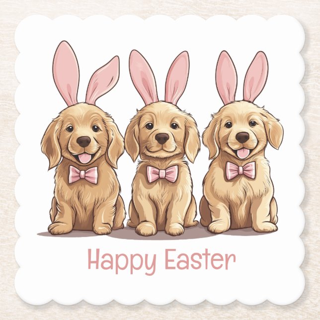 Happy Easter Golden Retriever Dogs Bunny Ears Paper Coaster (Front)