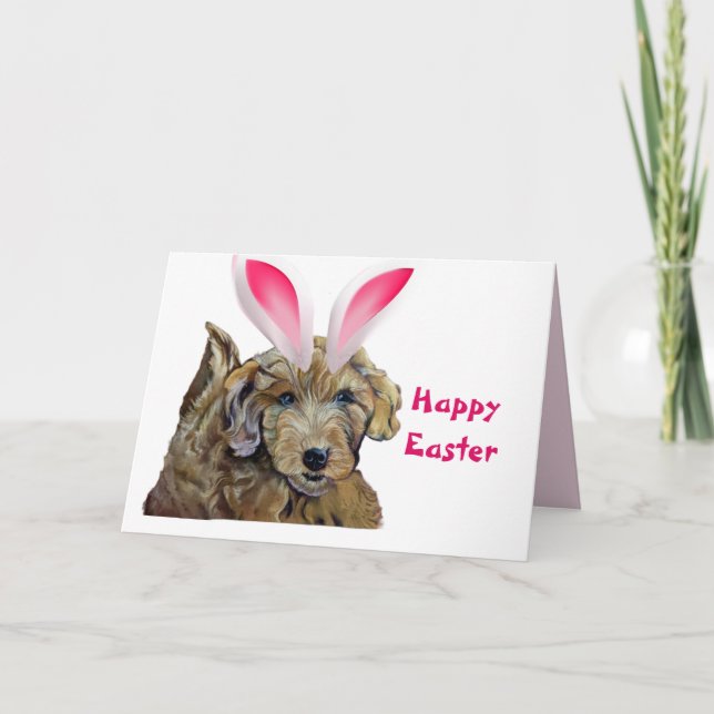 Happy Easter Goldendoodle Furry Pink Bunny Ears  Card (Front)