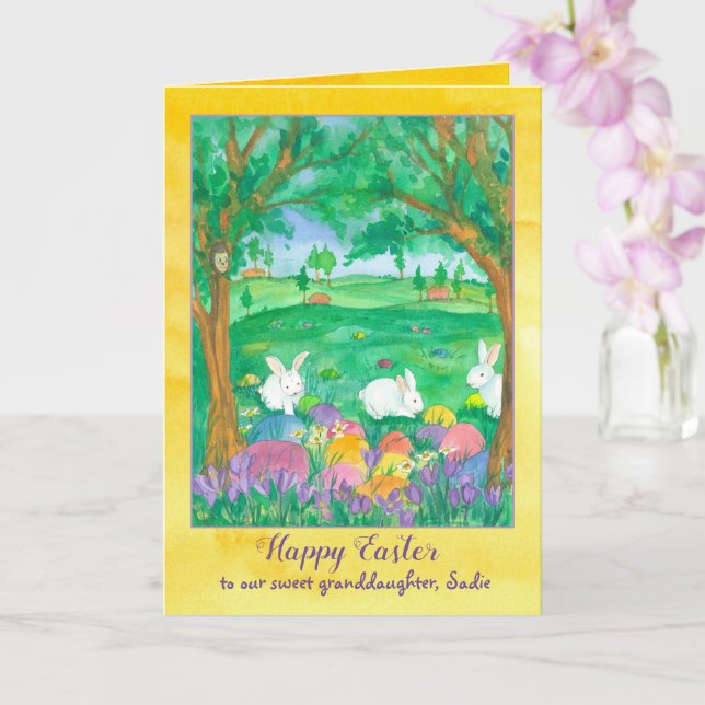 Happy Easter Granddaughter Rabbits Custom Name Card (Orchid)