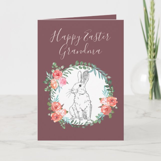 Happy Easter Grandma Bunny Floral Boho Deep Violet Holiday Card (Front)
