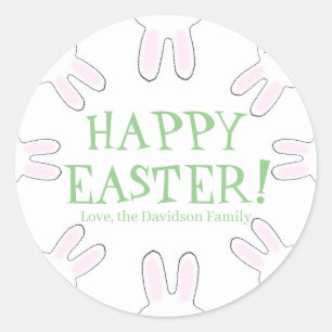 Happy Easter green white custom cute bunnies fun Classic Round Sticker