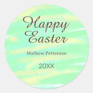 Happy Easter green yellow pastel gray name year Classic Round Sticker