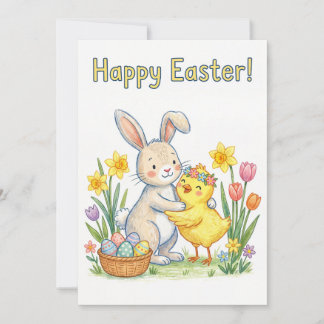 Happy Easter Greeting Card – Cute Bunny and Chick