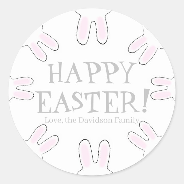 Happy Easter grey white custom cute bunnies funny Classic Round Sticker (Front)