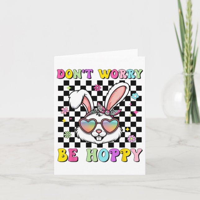 Happy Easter Groovy Bunny Face Don't Worry Be Hopp Card (Front)