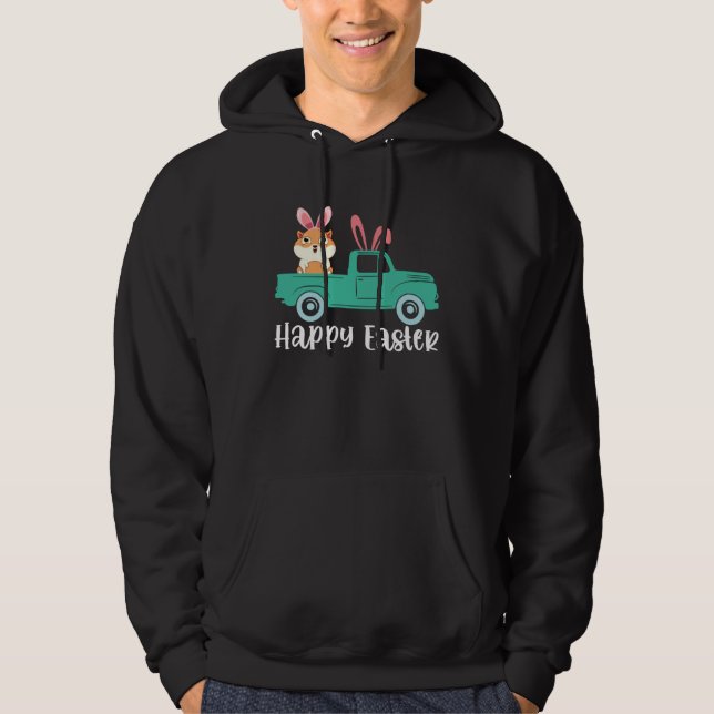 Happy Easter Guinea Pig Bunny Riding Truck Boys To Hoodie (Front)
