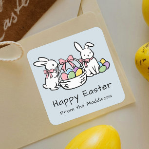 Happy Easter Hand Drawn Doodle Whimsical Bunnies Square Sticker