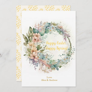 Happy Easter Happy Spring Yellow Floral Wreath Holiday Card