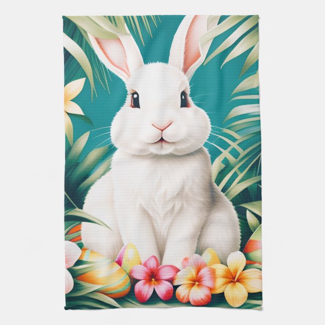 Happy Easter Hawaiian tropical rabbit & eggs Tea Towel (Vertical)