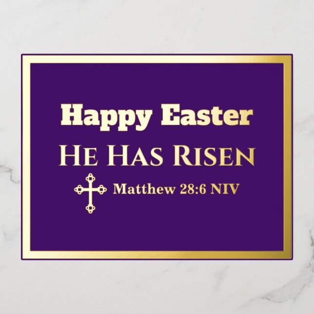 Happy Easter He Has Risen Bible Verse Royal Purple Foil Holiday Postcard (Front)