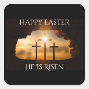 Happy Easter He is Risen Three Crosses Holiday  Square Sticker