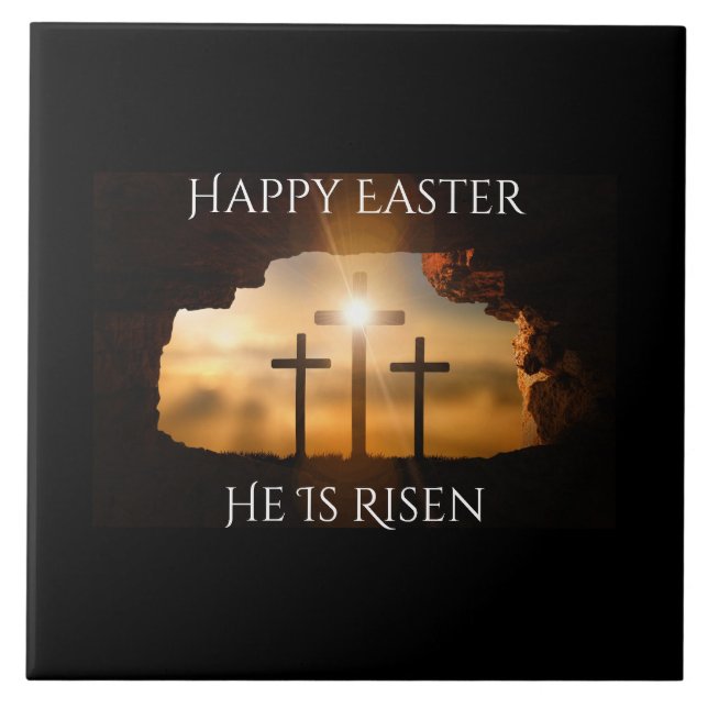 Happy Easter He is Risen Three Crosses Holiday  Tile (Front)