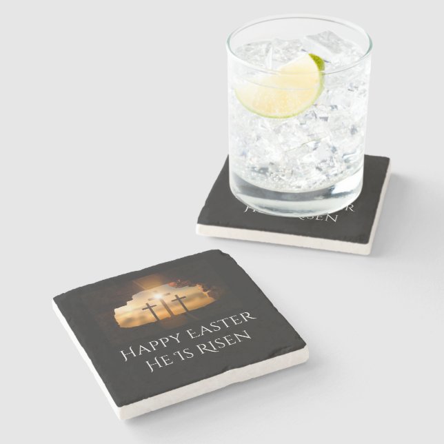 Happy Easter He is Risen Three Crosses  Stone Coaster (Side)