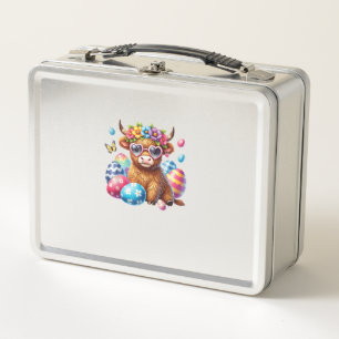 Happy Easter Highland Cow Heifer Easter Day Farmer Metal Lunch Box