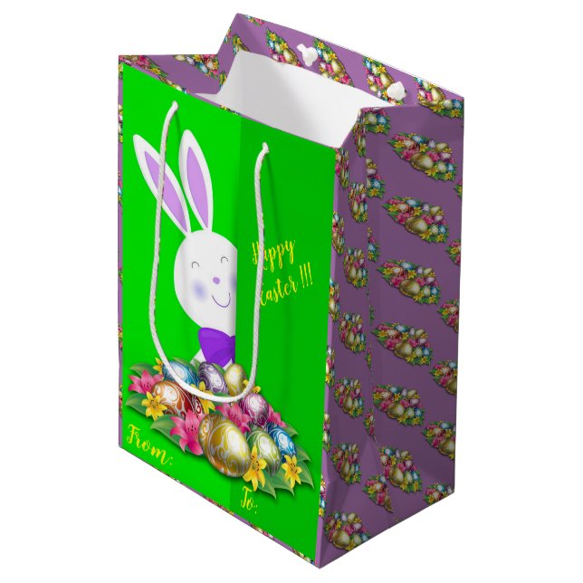 Happy Easter Holiday Bunny Floral Medium Gift Bag (Front Angled)