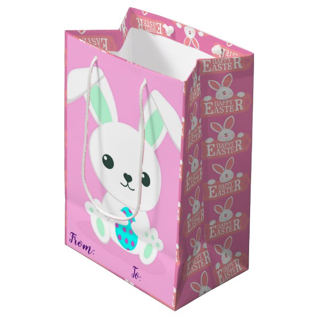 Happy Easter Holiday Bunny Floral Medium Gift Bag (Front Angled)