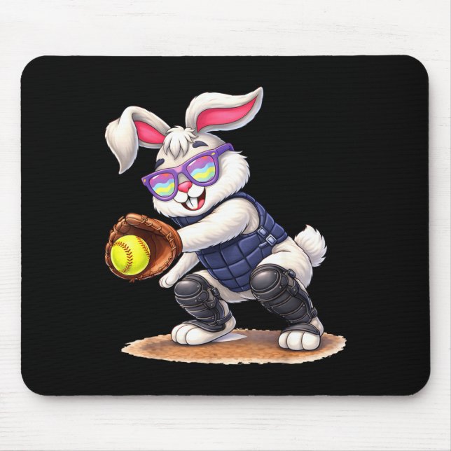 Happy easter holiday bunny playing softball mouse pad (Front)