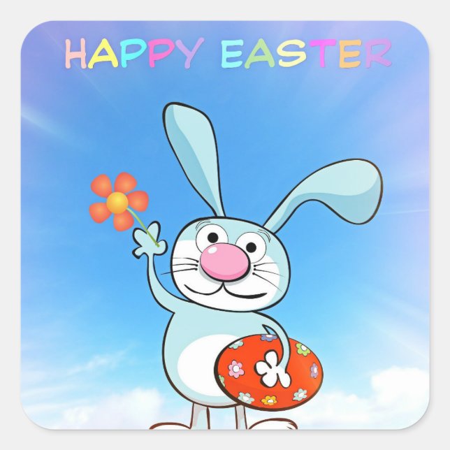 HAPPY EASTER Holiday Spring Bunny Coloured Eggs Square Sticker (Front)