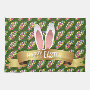 Happy Easter Holiday Trendy Bunny Floral Tea Towel