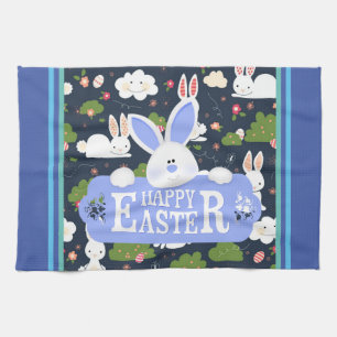 Happy Easter Holiday Trendy Bunny Floral Tea Towel