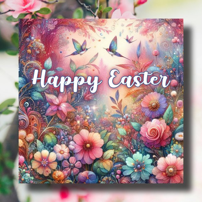 Happy Easter Hummingbirds Colourful Flowers Easter Holiday Card (Creator Uploaded)