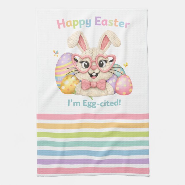 Happy Easter I'm Egg-cited Bunny  Tea Towel (Vertical)