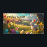 Happy Easter in a Spring Landscape Desk Mat<br><div class="desc">A picturesque spring landscape with rolling hills and blossoming trees stretches out in an idyllic, sunlit valley. A bright white Easter bunny sits attentively in the grass, surrounded by colorful, artfully decorated Easter eggs. The flowers in vibrant colors and the warm golden light of the setting sun lend the scene...</div>