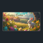 Happy Easter in a Spring Landscape Desk Mat<br><div class="desc">A picturesque spring landscape with rolling hills and blossoming trees stretches out in an idyllic, sunlit valley. A bright white Easter bunny sits attentively in the grass, surrounded by colorful, artfully decorated Easter eggs. The flowers in vibrant colors and the warm golden light of the setting sun lend the scene...</div>