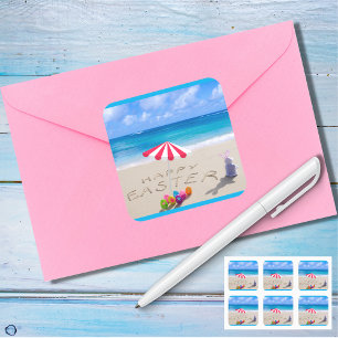 Happy Easter in the Sand Coastal Tropical Beach Square Sticker