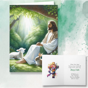 Happy Easter   Jesus sitting with Lambs and Bunny Card
