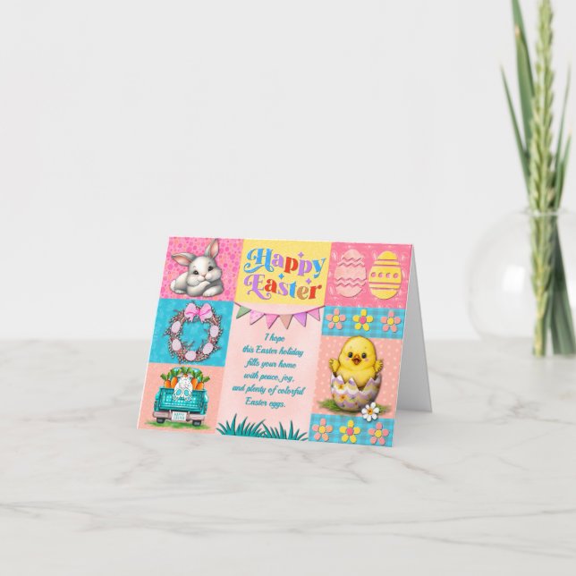 Happy Easter Joy with Bunny, Chick, Eggs & Flowers Card (Front)